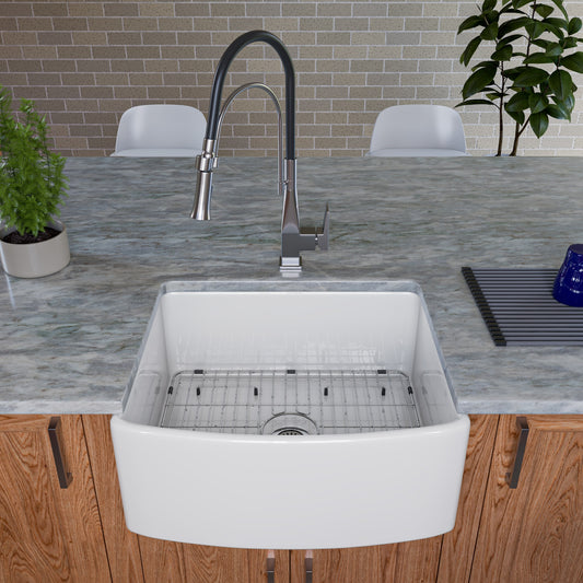 ALFI Brand  White Smooth Curved Apron 24" x 20" Single Bowl Fireclay Farm Sink with Grid