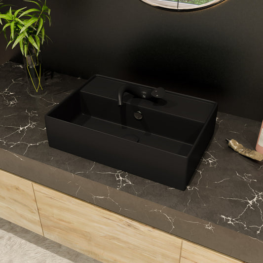 Black Matte 24" Modern Rectangular Above Mount Ceramic Sink with Faucet Hole