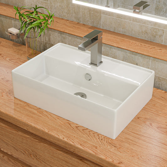 White 24" Modern Rectangular Above Mount Ceramic Sink with Faucet Hole