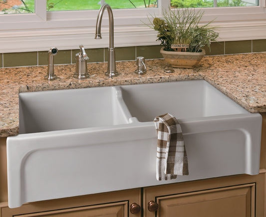 39" White Arched Apron Thick Wall Fireclay Double Bowl Farm Sink