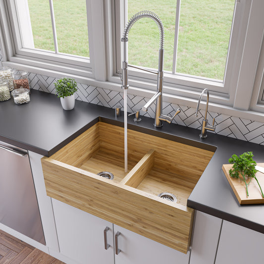 33" Double Bowl Bamboo Kitchen Farm Sink