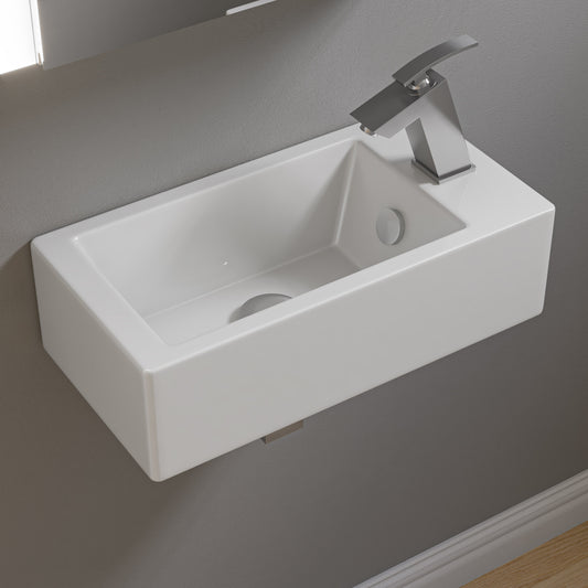 White 20" Small Rectangular Wall Mounted Ceramic Sink with Faucet Hole
