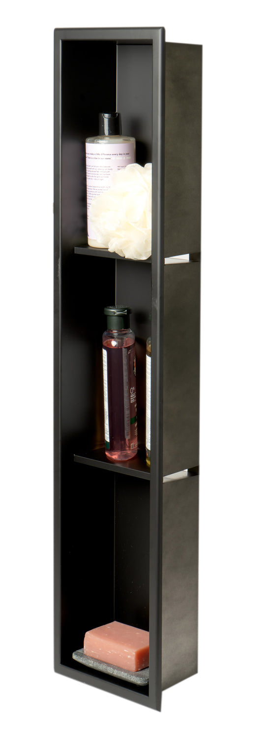 8" x 36" Black Matte Stainless Steel Vertical Triple Shelf Bath Shower Niche