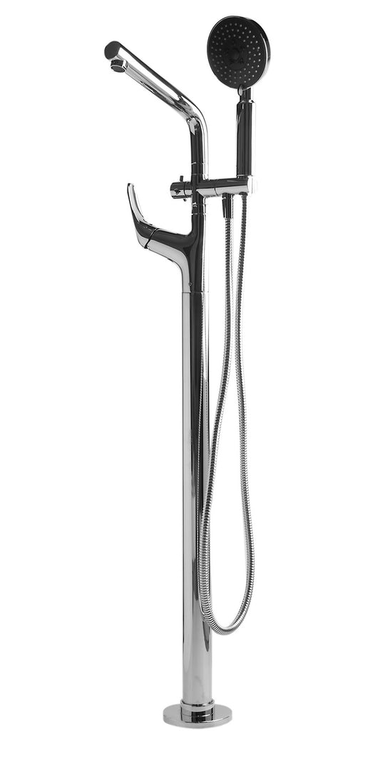Polished Chrome Floor Mounted Tub Filler + Mixer /w additional Hand Held Shower Head