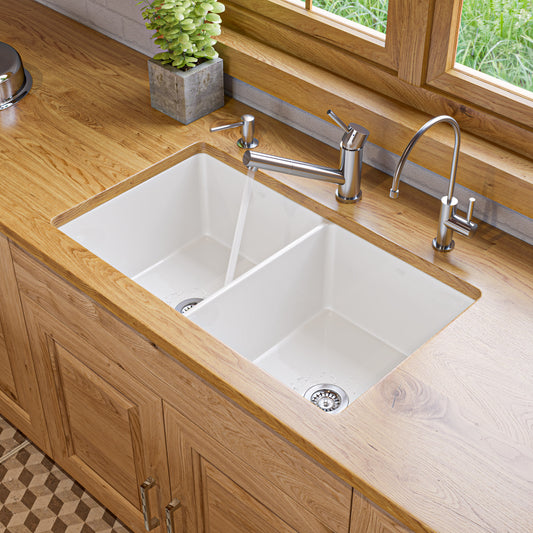White 32" x 19" Double Bowl Fireclay Undermount / Drop In Fireclay Kitchen Sink w Grid