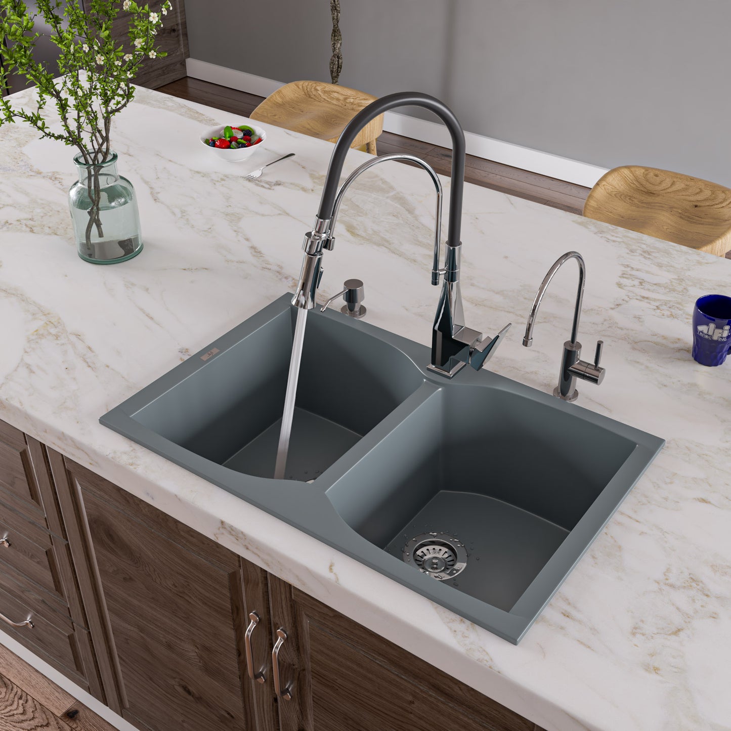 Titanium 32" Drop-In Double Bowl Granite Composite Kitchen Sink