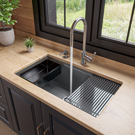 Titanium 33" Granite Composite Workstation Step Rim Single Bowl Undermount Sink with Accessories