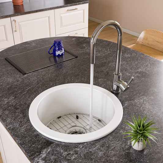White Round 18" x 18" Undermount / Drop In Fireclay Prep Sink