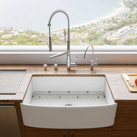 ALFI Brand  White Smooth Curved Apron 33" x 20" Single Bowl Fireclay Farm Sink with Grid