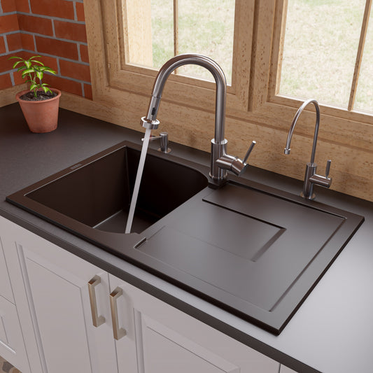 Chocolate 34" Single Bowl Granite Composite Kitchen Sink with Drainboard