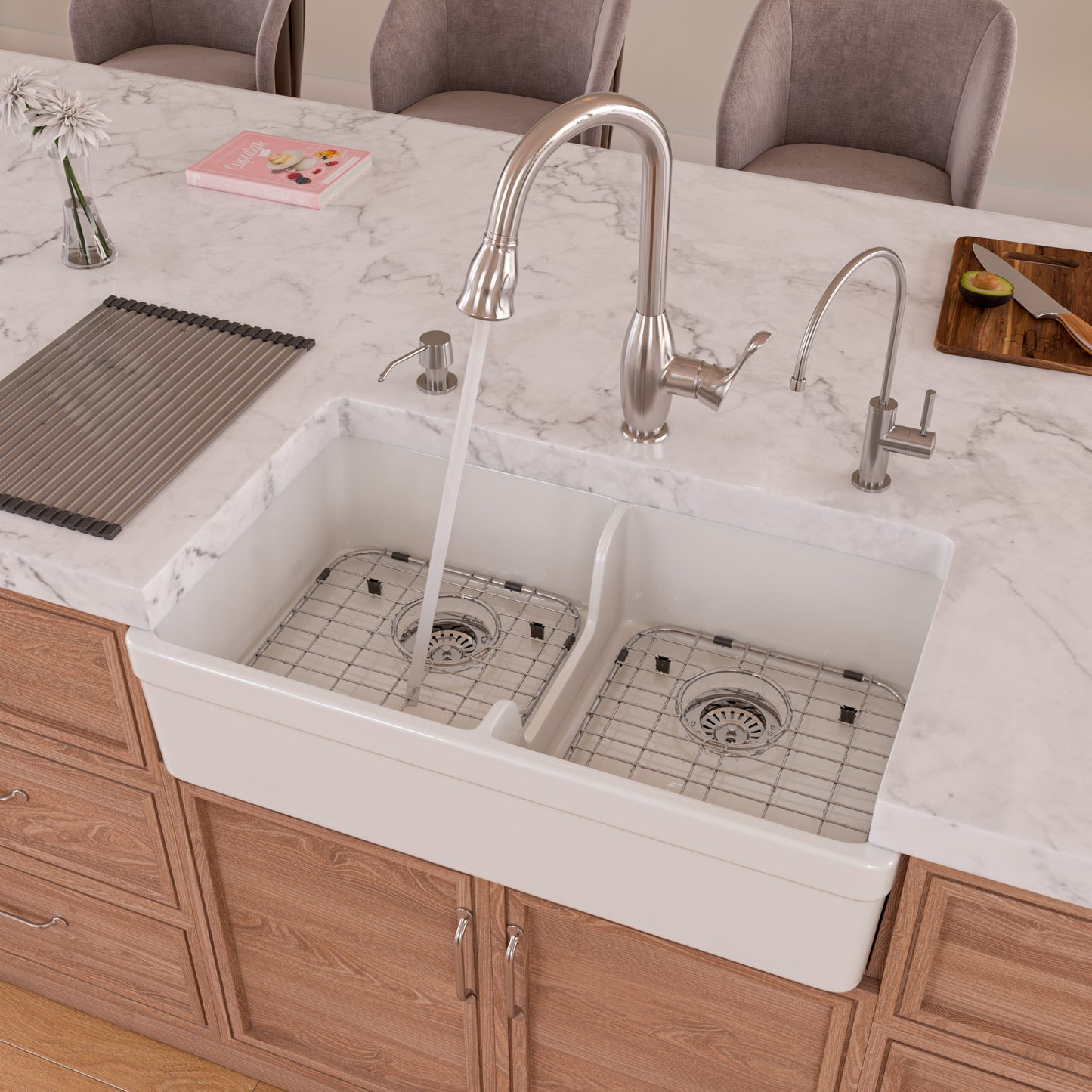 White 32" Short Wall Double Bowl  Lip Apron Fireclay Farmhouse Kitchen Sink