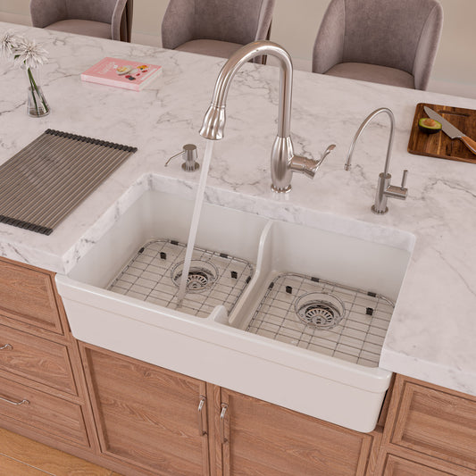 White 32" Short Wall Double Bowl  Lip Apron Fireclay Farmhouse Kitchen Sink