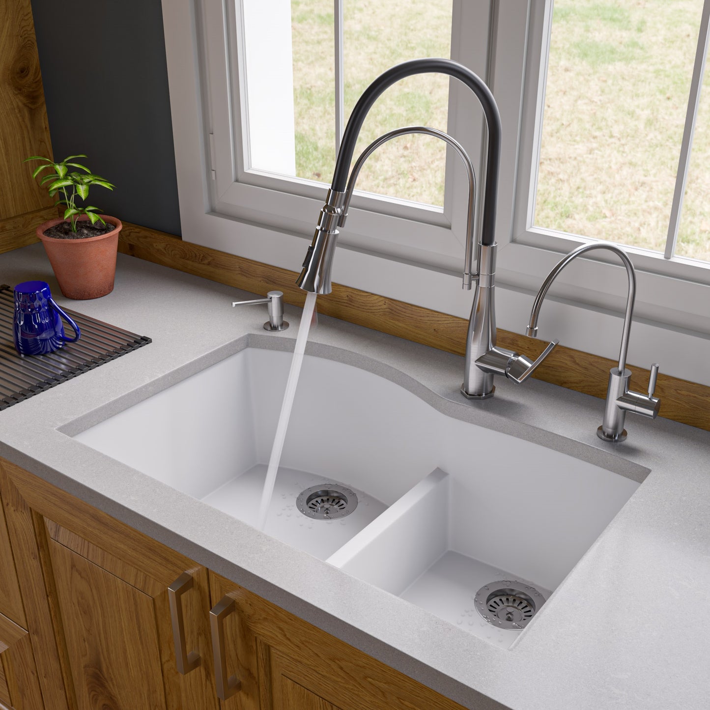 White 33" Double Bowl Undermount Granite Composite Kitchen Sink