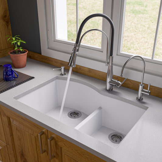 White 33" Double Bowl Undermount Granite Composite Kitchen Sink